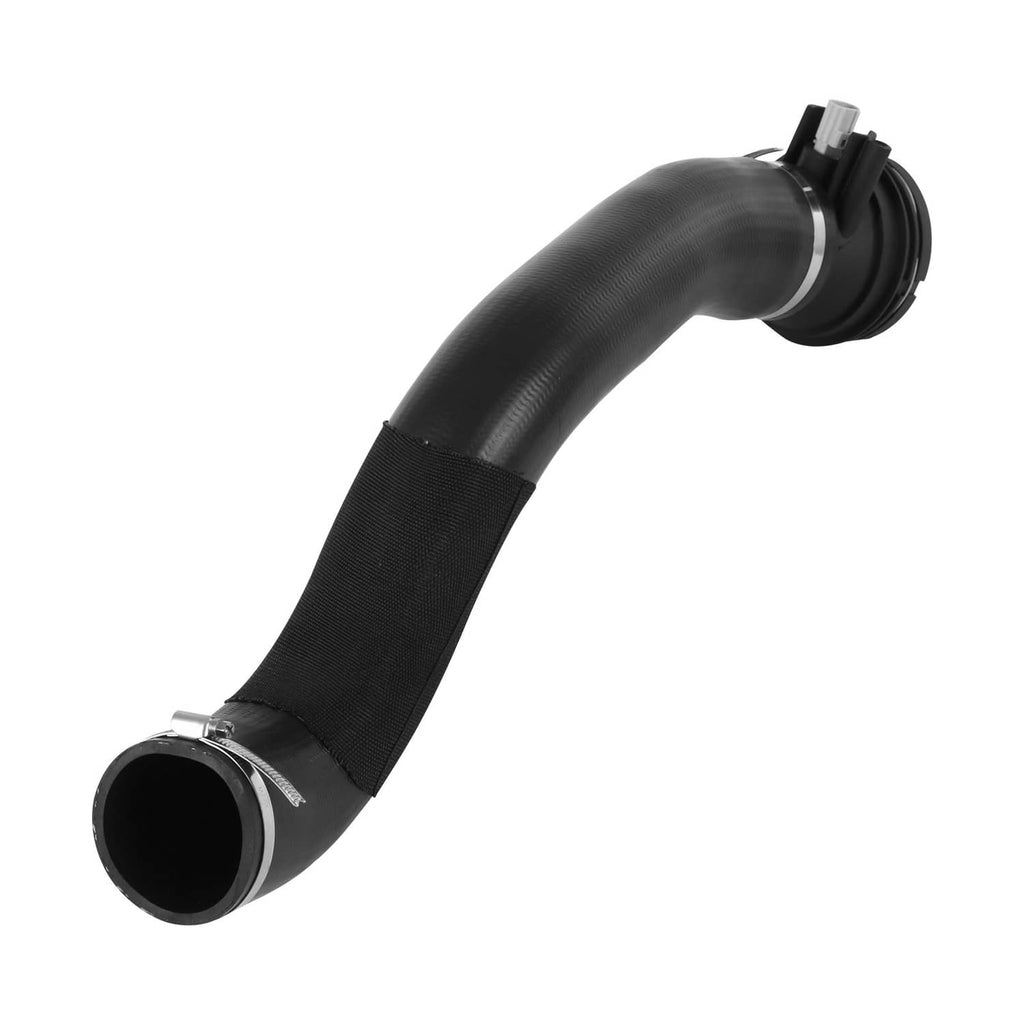 Black turbo intercooler outlet hose with sensor, curved tube with clamp at one end