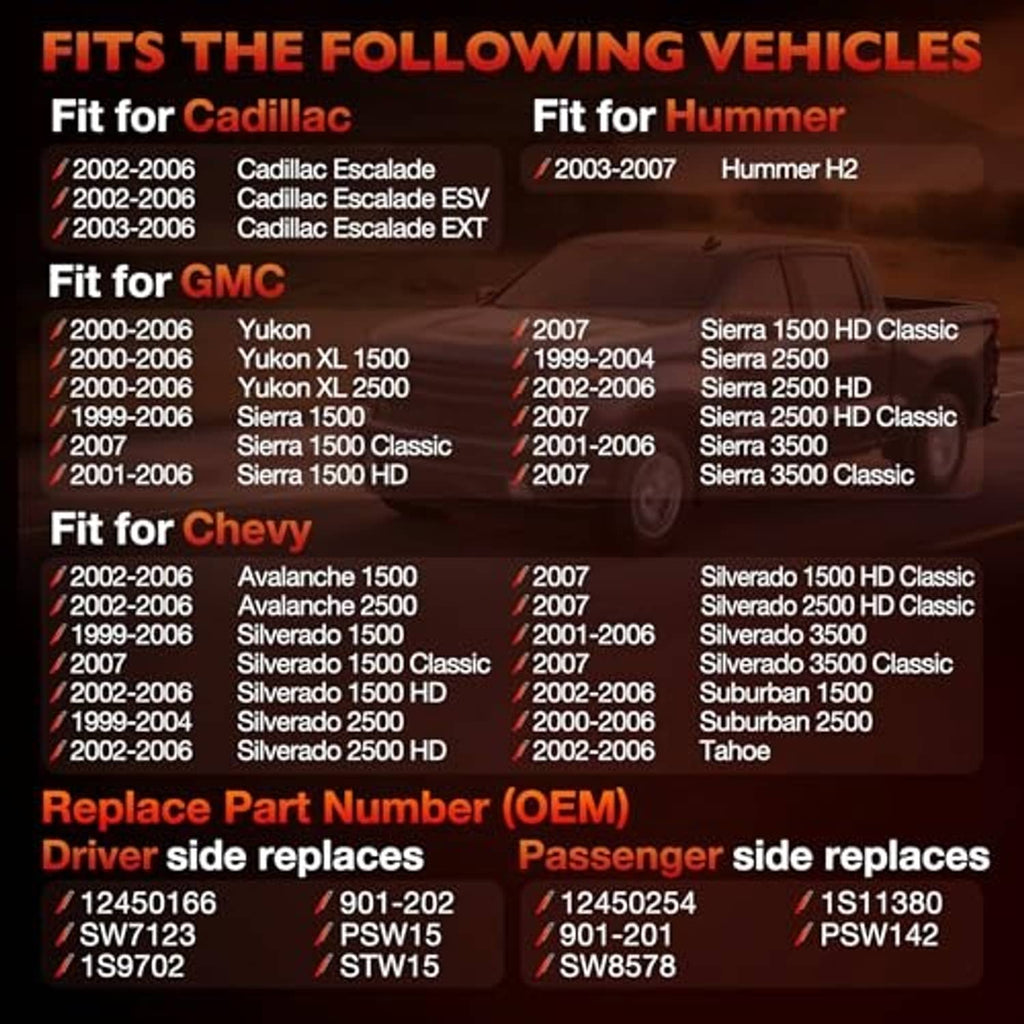 Vehicle fitment and OEM part replacement chart for power seat switch set