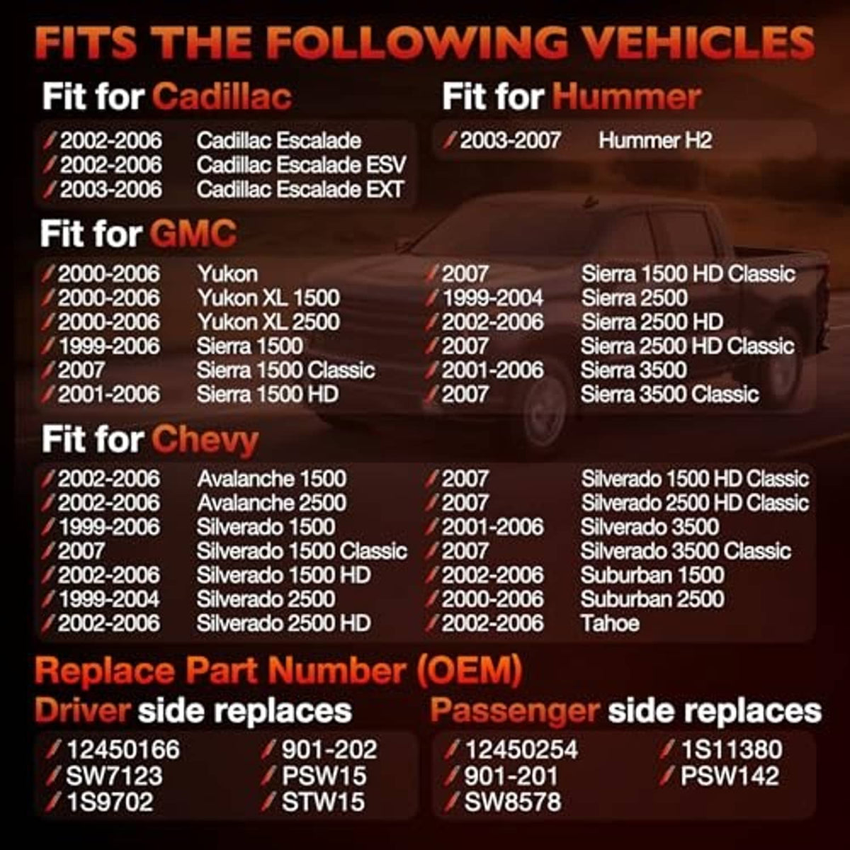 Vehicle fitment and OEM part replacement chart for power seat switch set