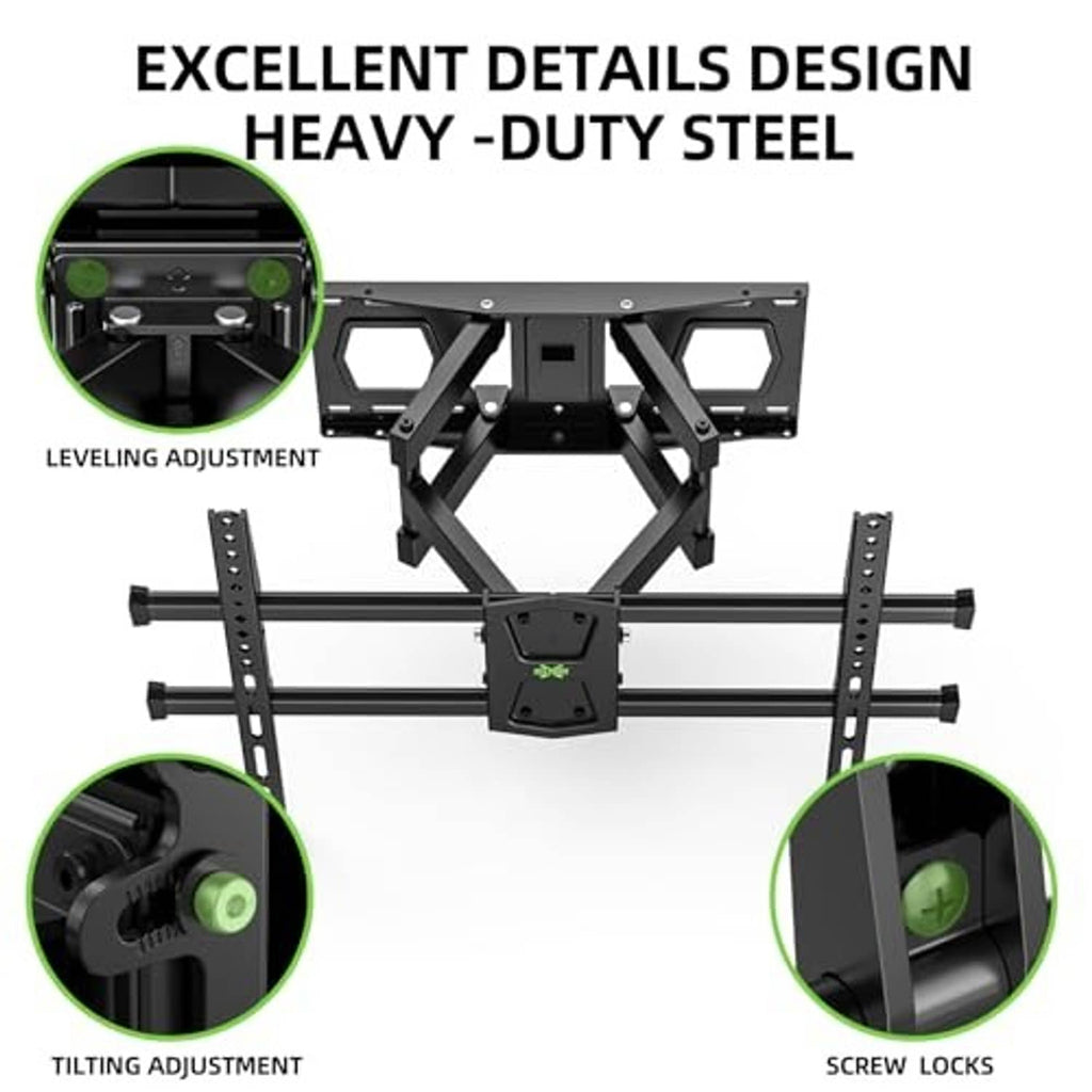 Black heavy-duty steel TV mount with leveling and tilt adjustment features