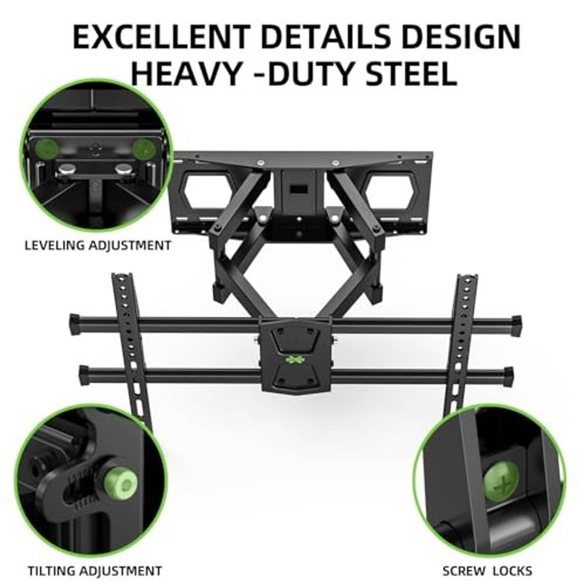 Black heavy-duty steel TV mount with leveling and tilt adjustment features