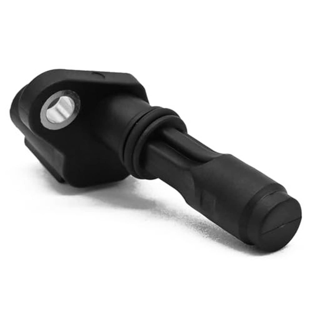 Black camshaft position sensor with metal mounting bracket and ribbed wiring section