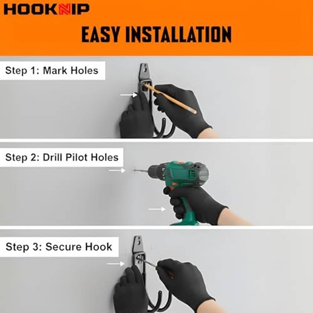 Triple-step illustration for installing black double wall hooks: mark, drill, secure