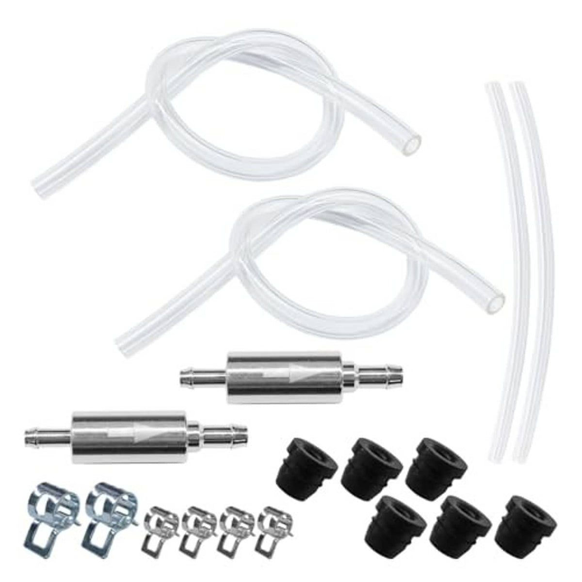 Brake bleeder kit with two clear hoses, silver connectors, and black rubber caps