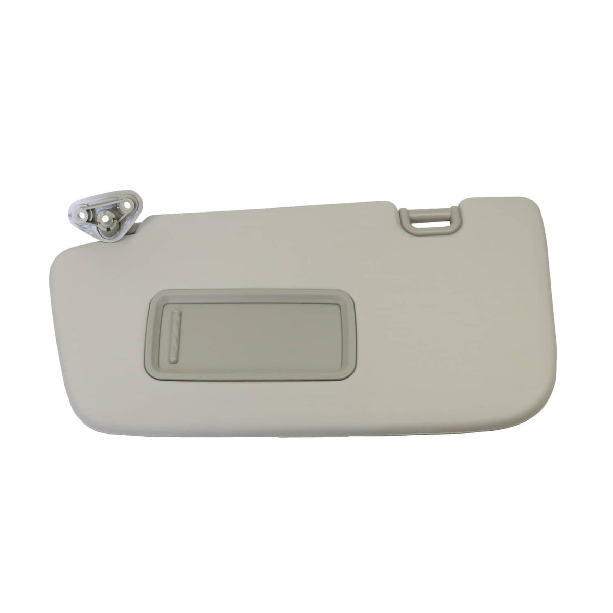 Light gray sun visor panel with rectangular vanity mirror opening