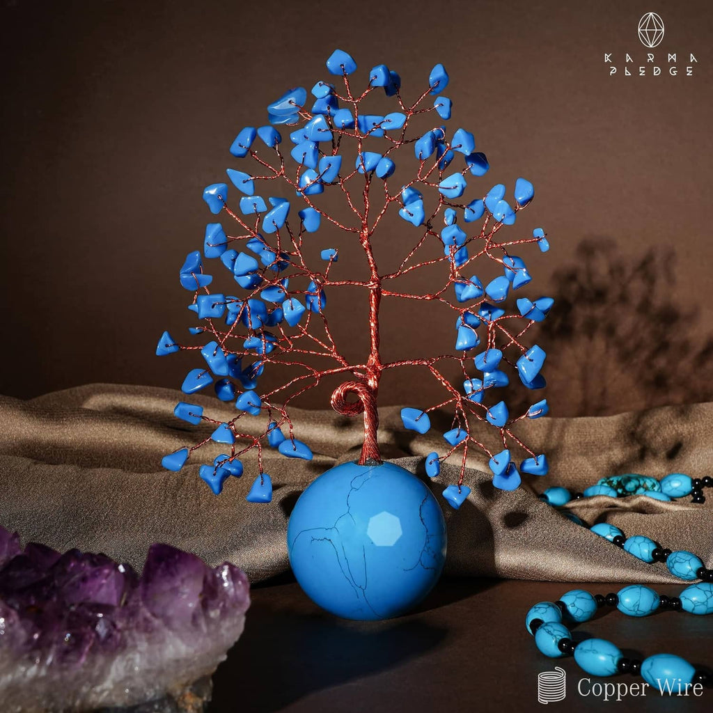 Turquoise ball base Tree of Life decoration with blue crystal leaves and red copper wire