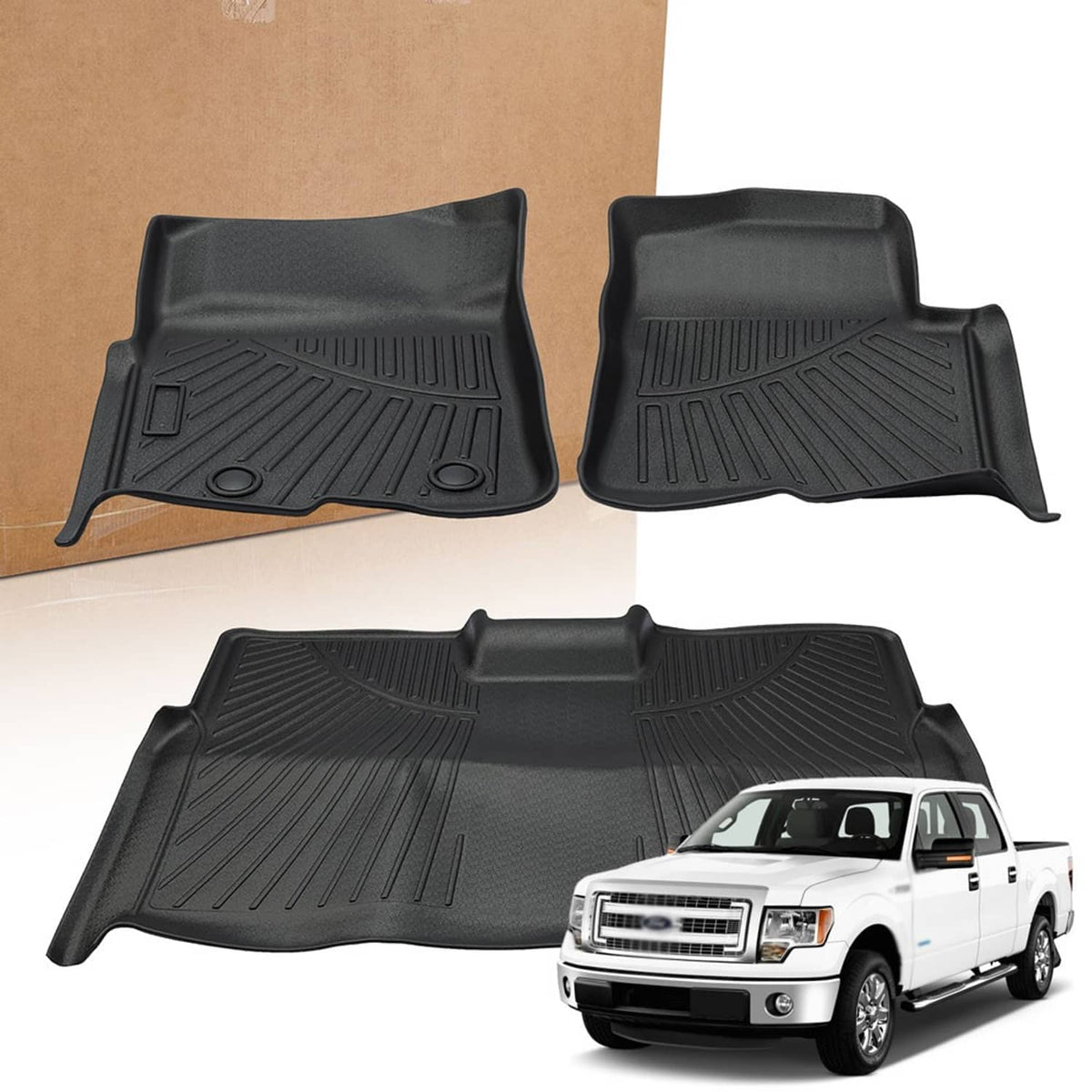Black molded floor mat set with two front mats and one rear cargo mat, textured grip pattern.