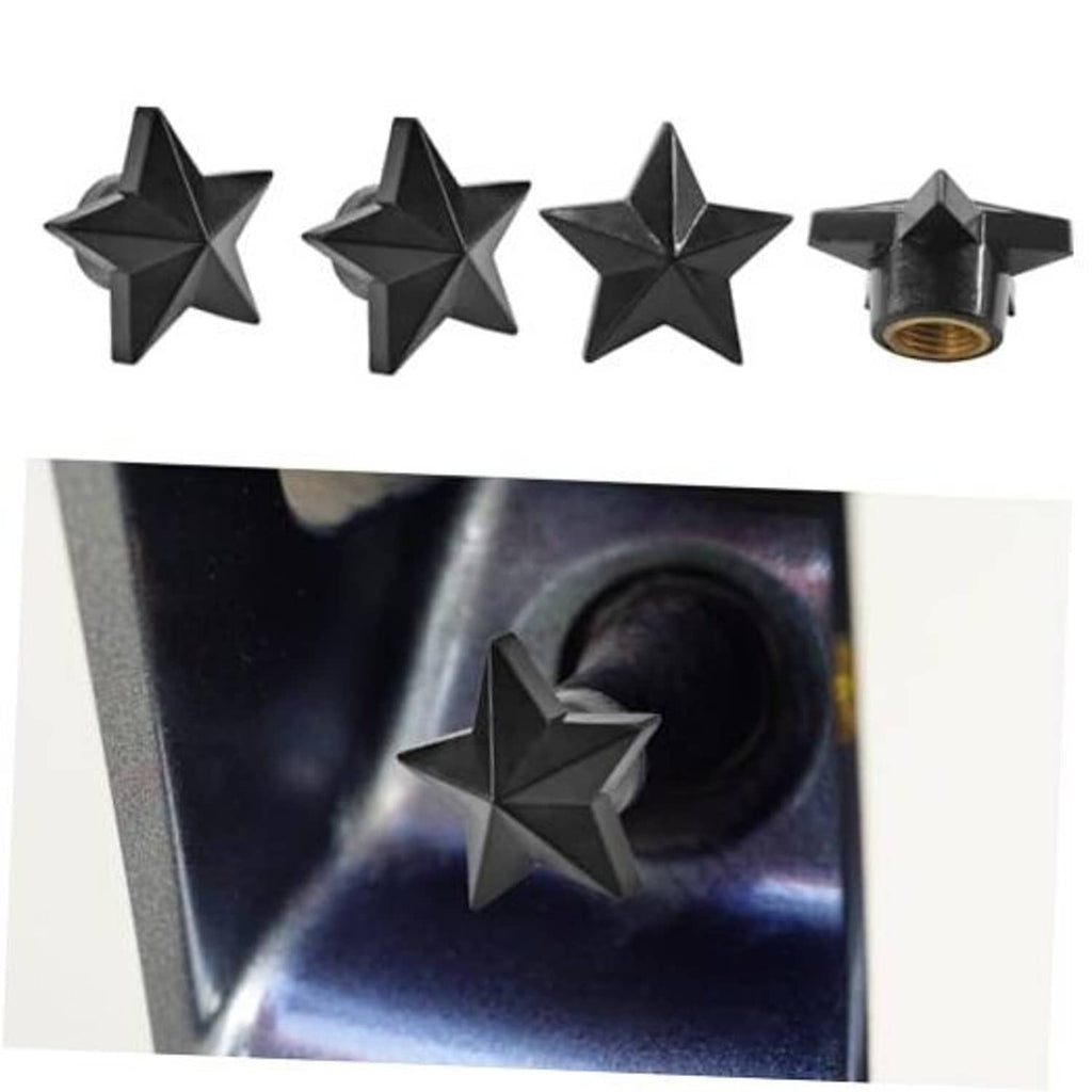 Black five-point star tire valve stem caps set, one with threaded metal insert