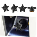 Black five-point star tire valve stem caps set, one with threaded metal insert