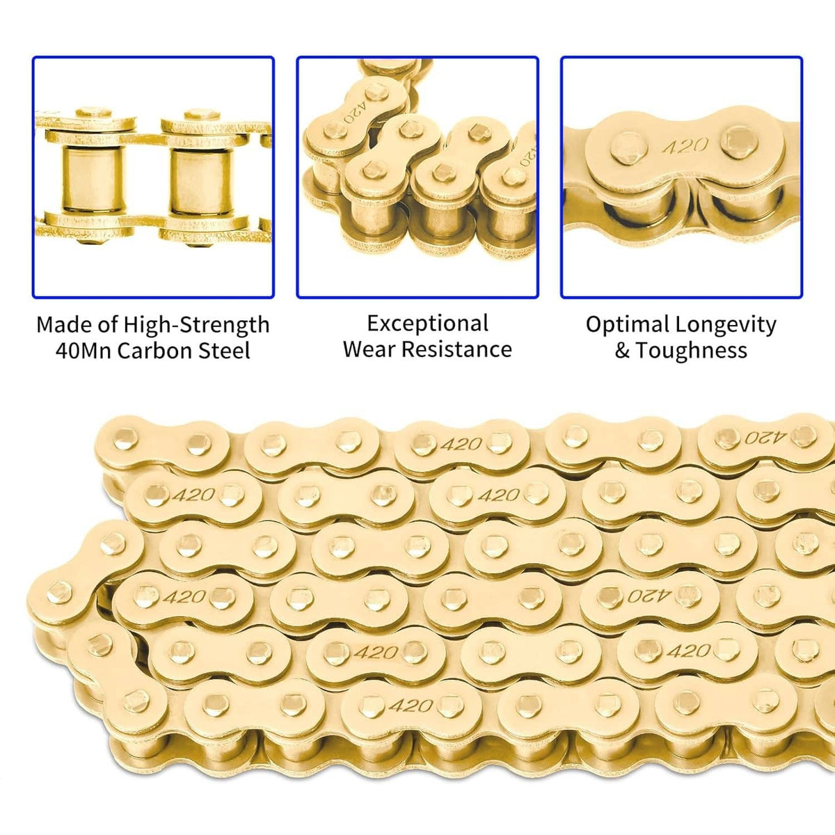 Gold 420 motorcycle chain links, heavy-duty 132-link design