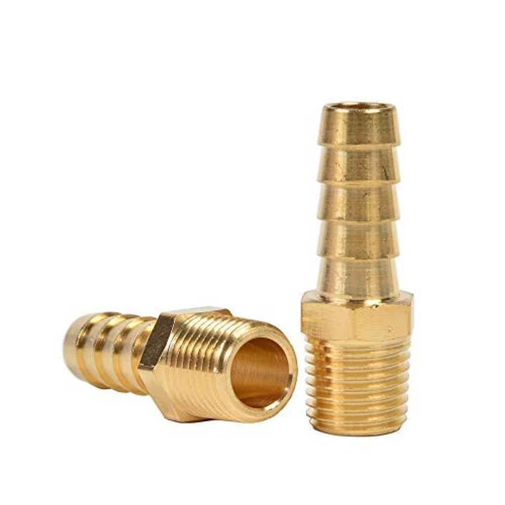 Brass hose barb adapter fittings, angled views of barbs and male NPT threads, pair
