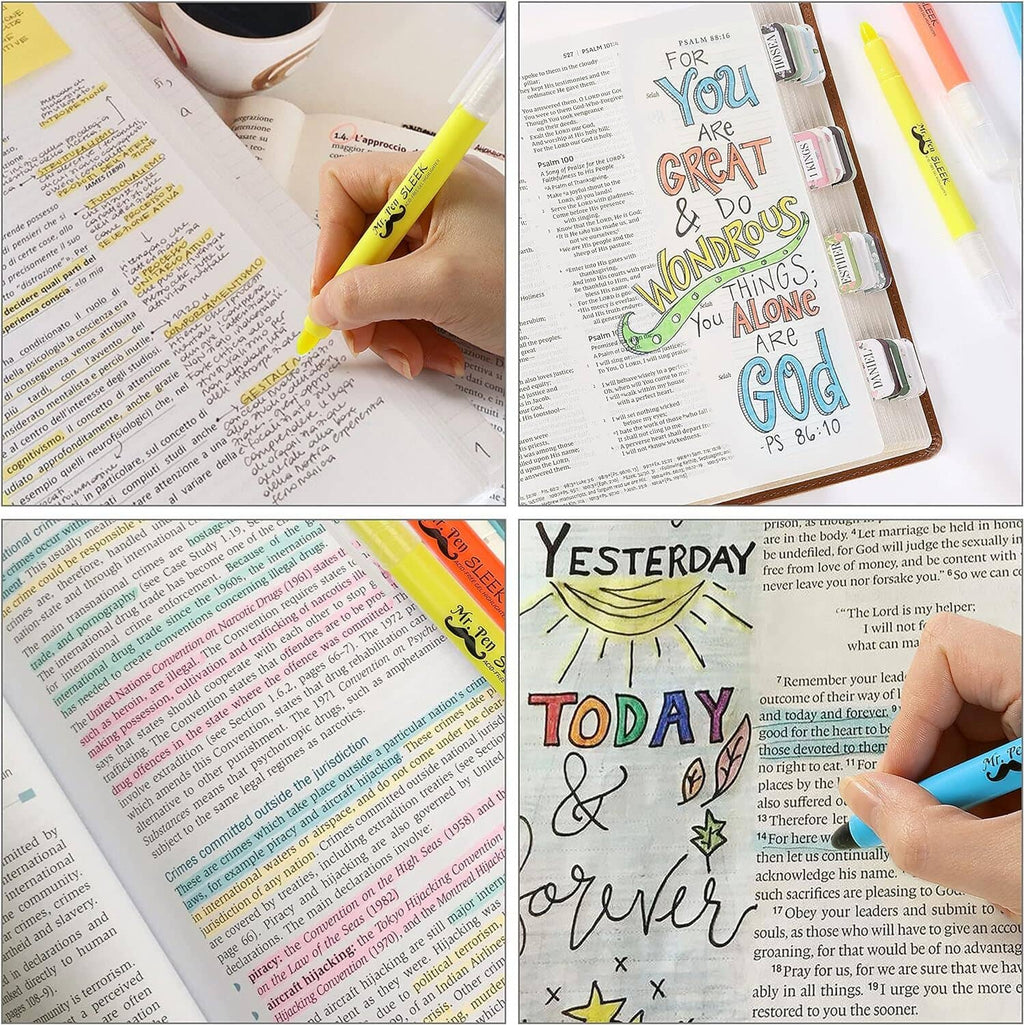 Yellow gel highlighter marking lines on an open book page, twist-up pen
