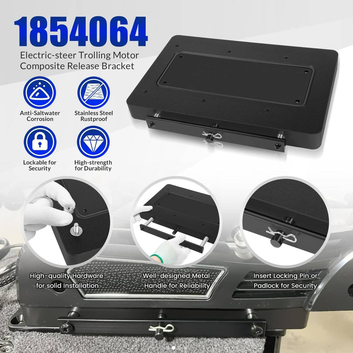 Black composite quick release bracket with locking pin and sturdy mounting base