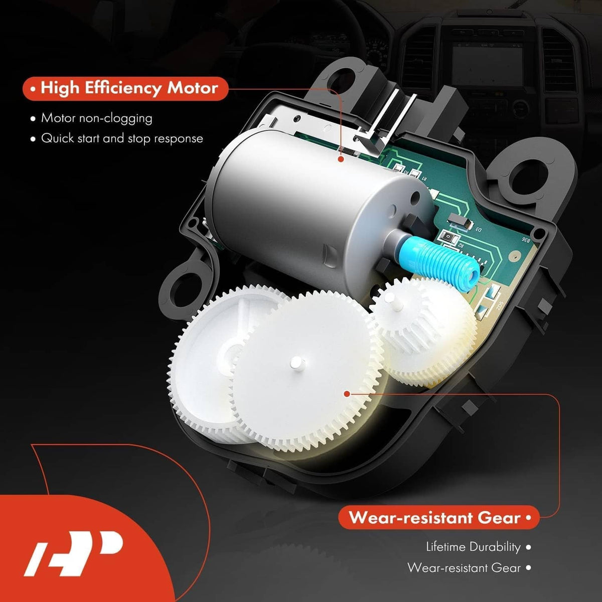 HVAC blend door actuator cutaway showing motor and gear mechanism