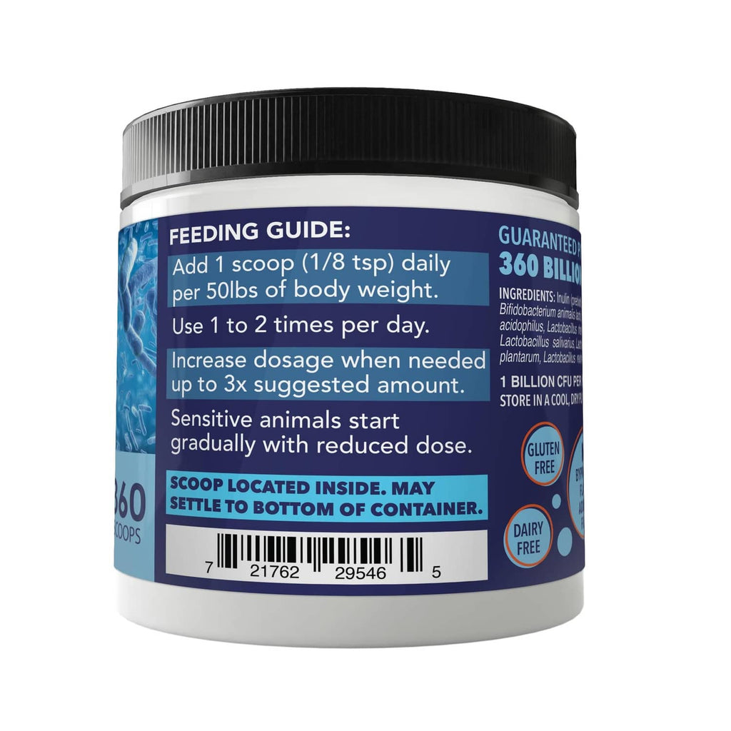 Probiotic supplement jar back label with feeding guide and dosage instructions