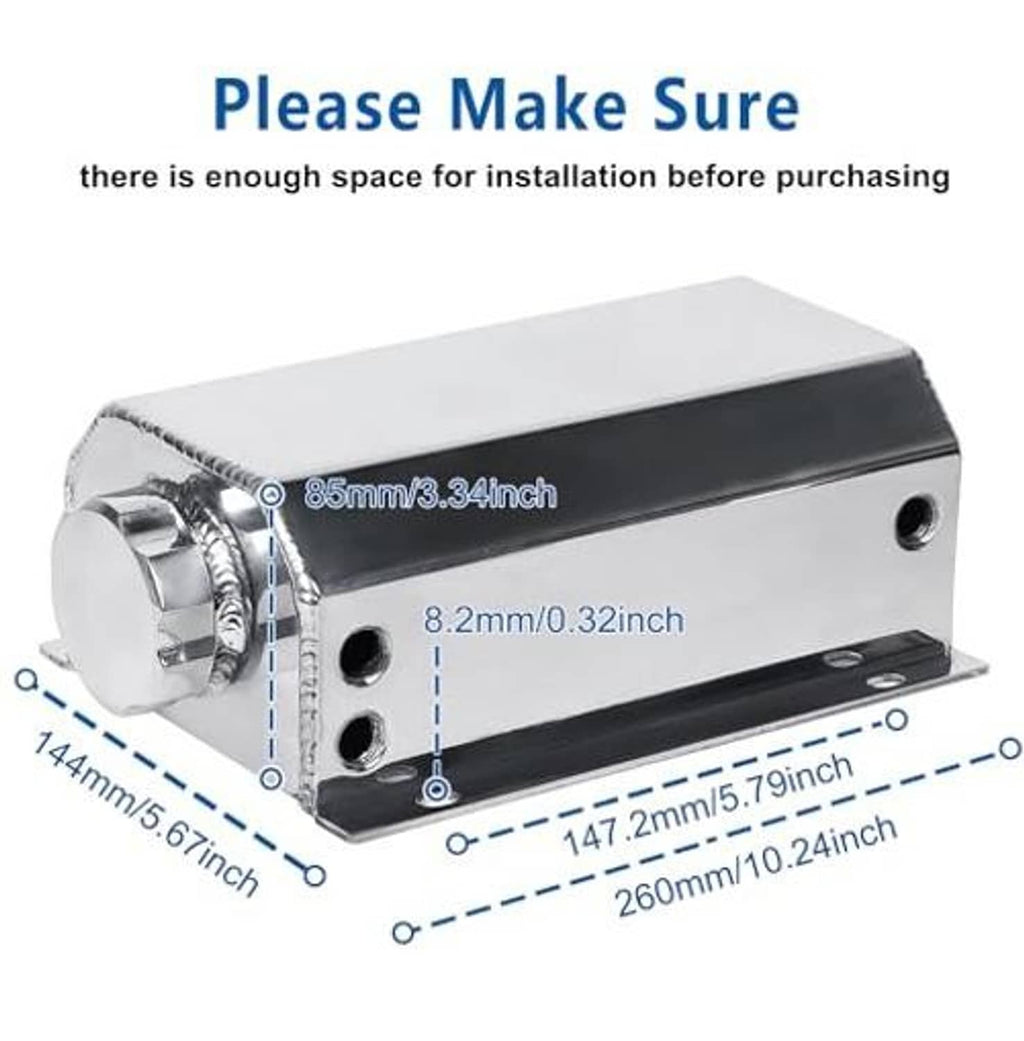 Silver aluminum overflow tank with black underside and multiple mounting openings