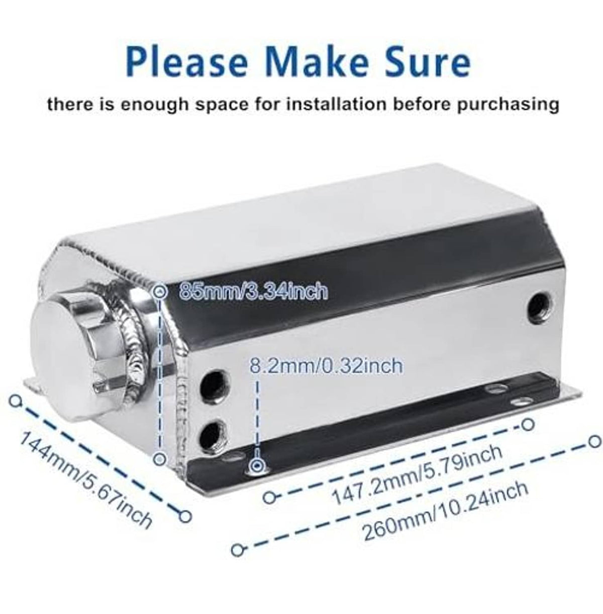 Silver aluminum overflow tank with black underside and multiple mounting openings
