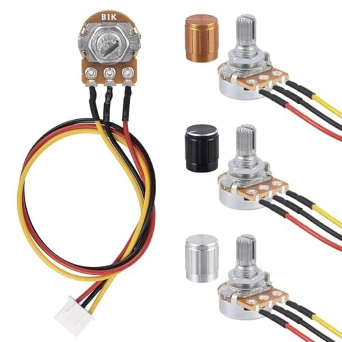 Rotary potentiometer module with metal body, three solder pins, and multicolor wire leads