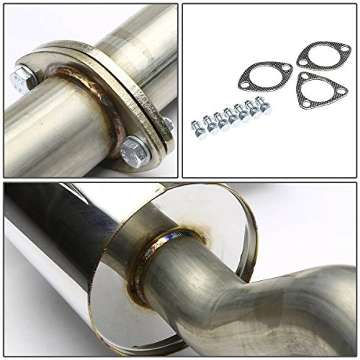 Stainless steel exhaust components with gaskets, bolts, and welded pipe connection