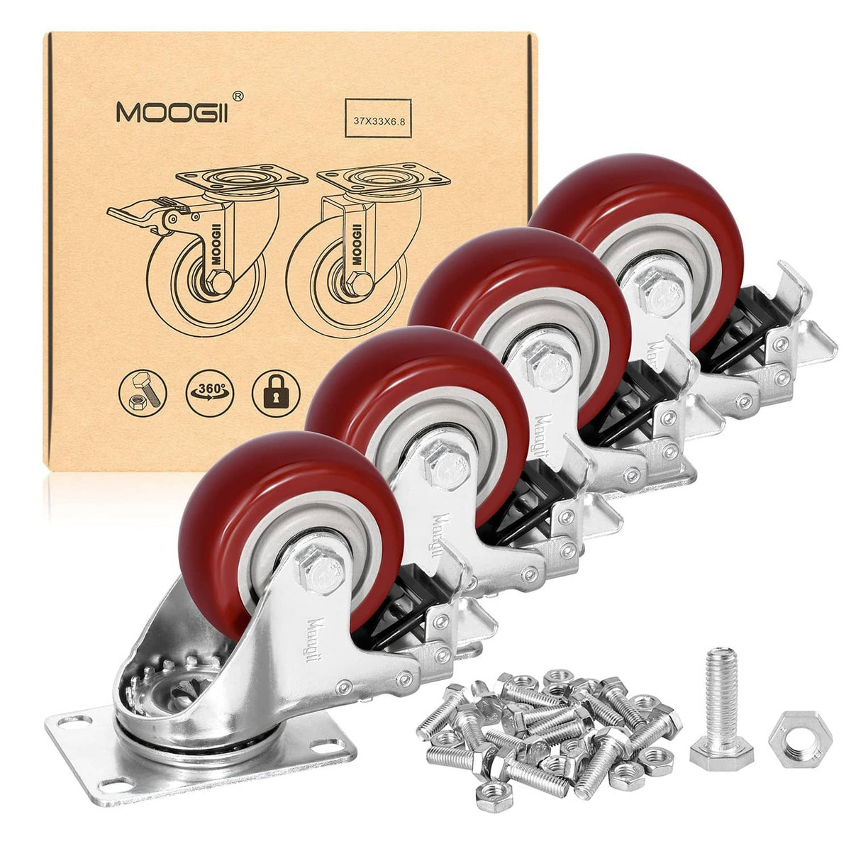 MOOGII 3-inch heavy-duty lockable casters set with red wheels and mounting bolts