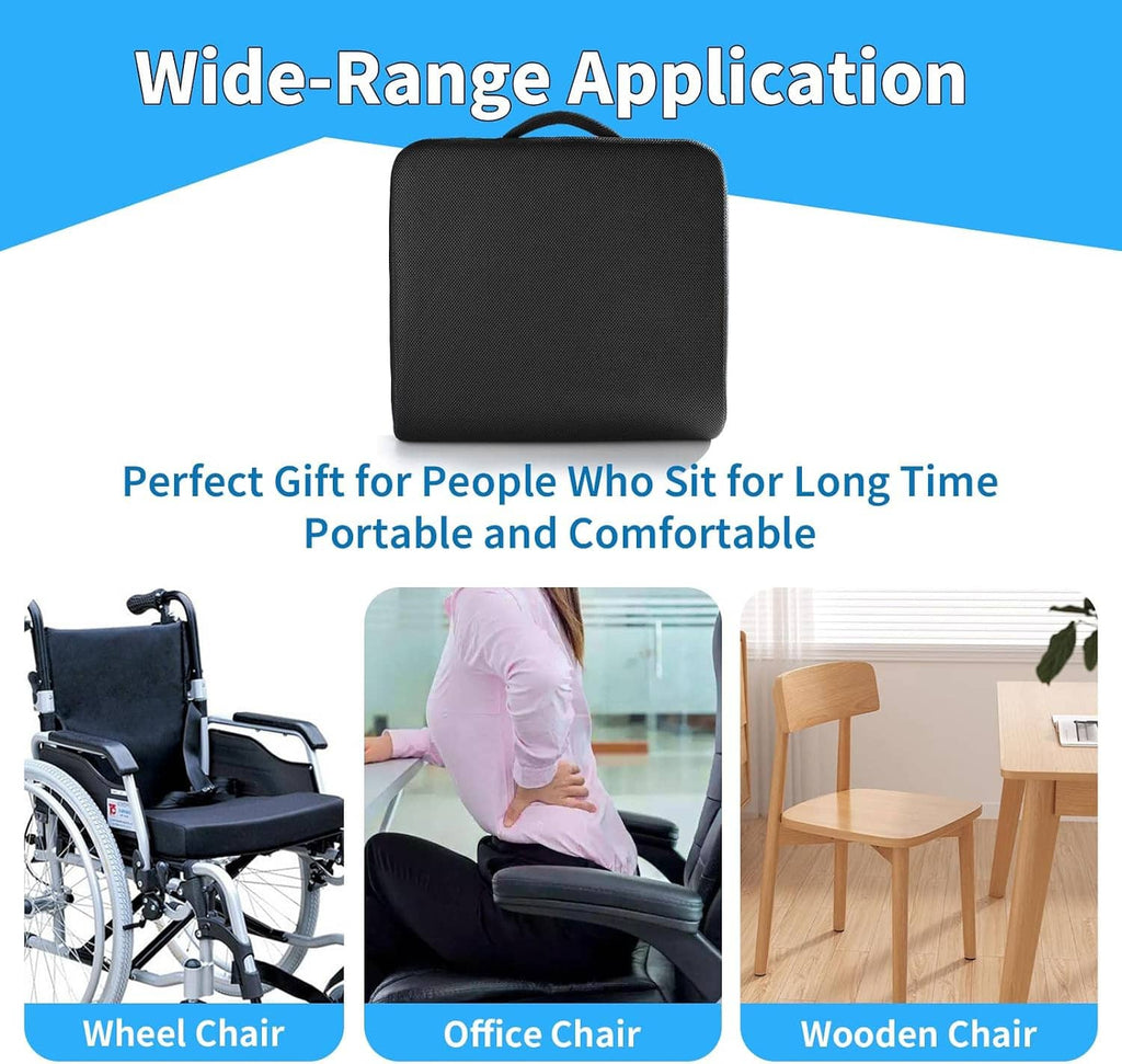 Black portable seat cushion with squared surface and rounded, supportive edges.
