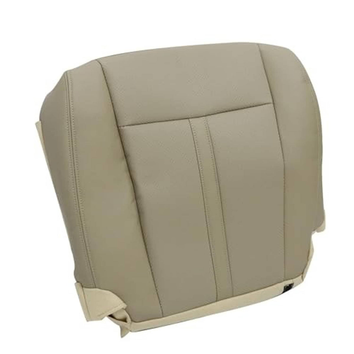Tan leather seat bottom cover, driver side, backrest panel with vertical stitched lines.