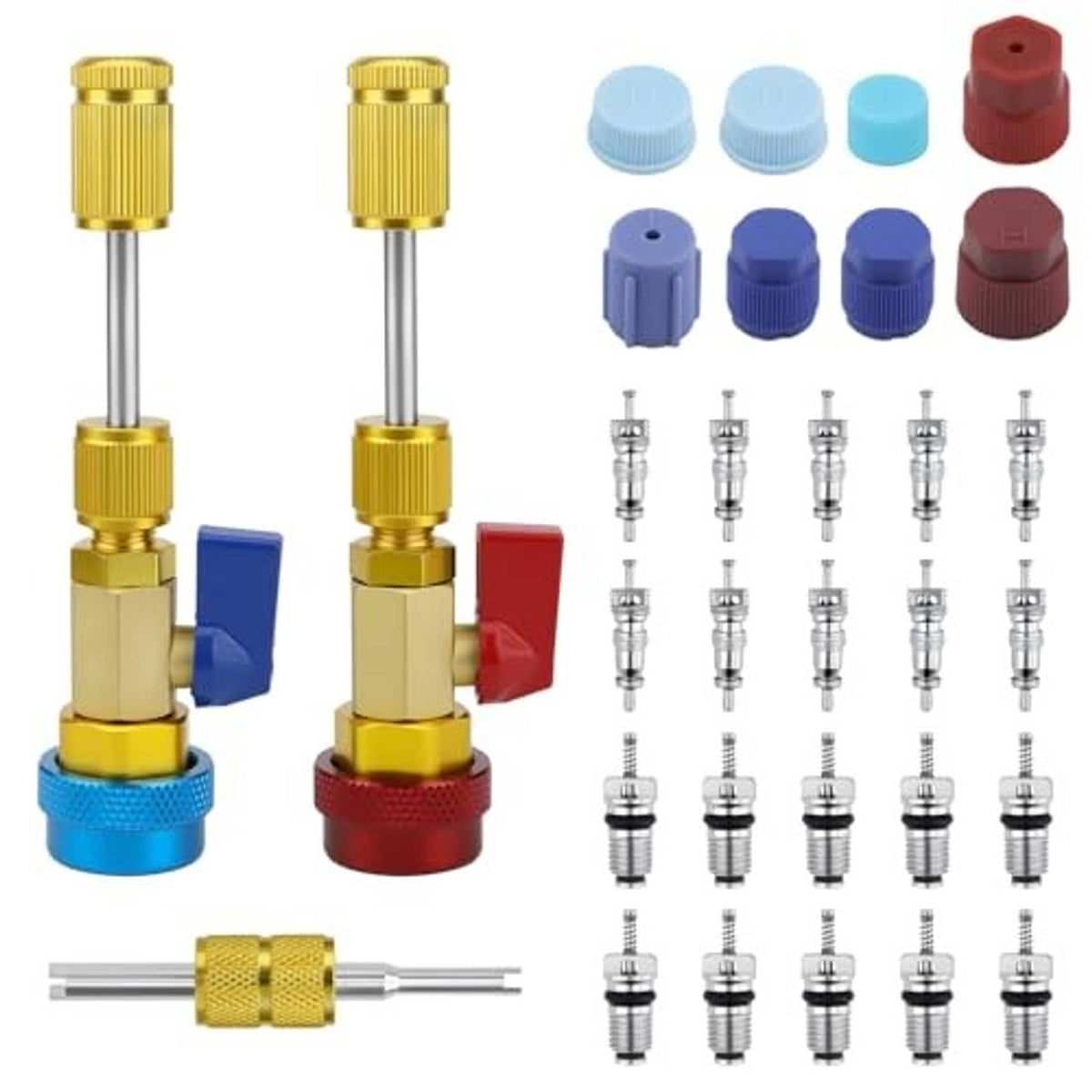 Brass AC valve core remover kit with colored caps, blue and red coupler ends, and valve cores