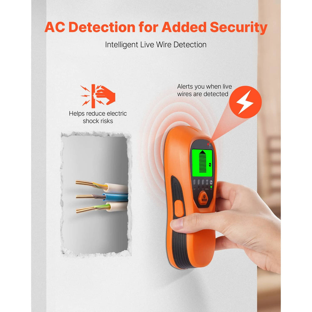Orange wall scanner with green LCD display for live wire detection