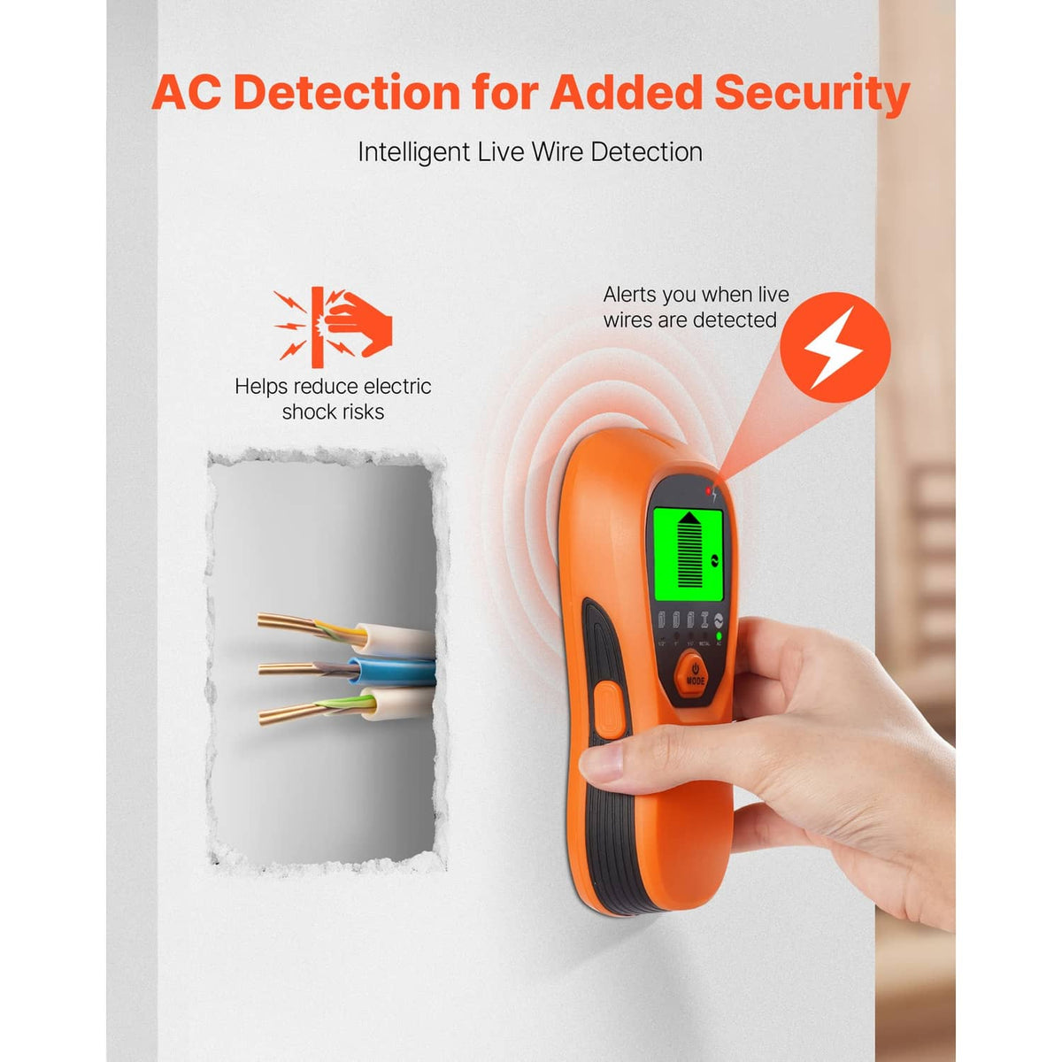 Orange wall scanner with green LCD display for live wire detection