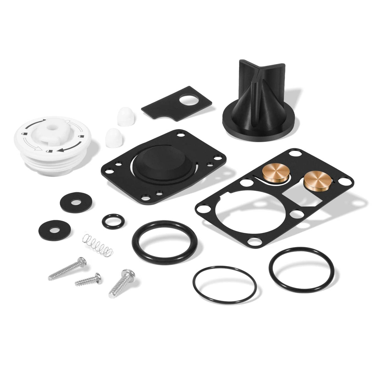 Marine toilet service kit with valve seals, O-rings, gaskets, screws, and manual pump parts
