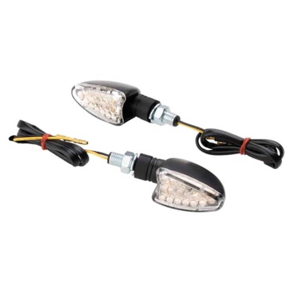 Mini LED turn signal pair with black housings, clear lenses, and connector cables on stalks