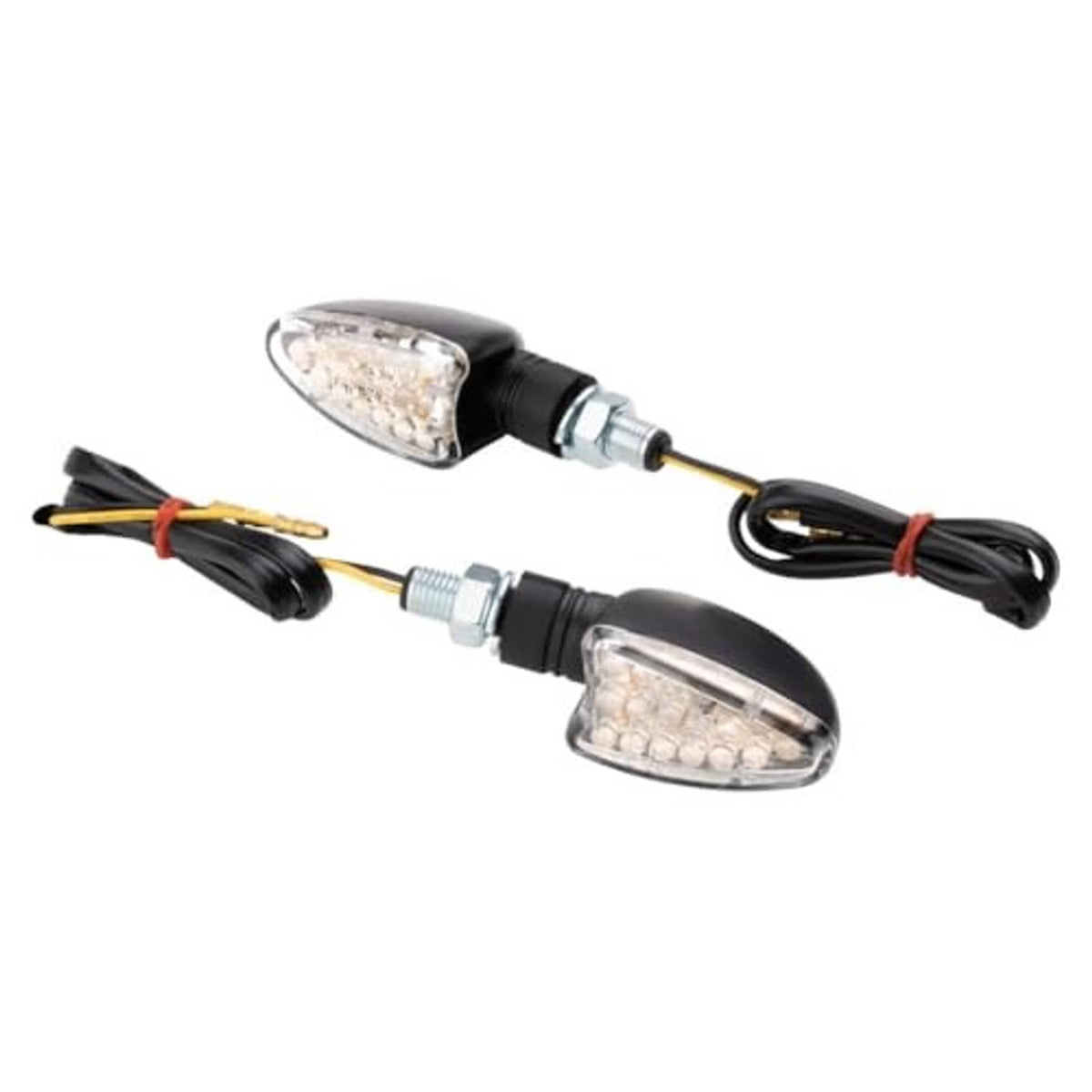 Mini LED turn signal pair with black housings, clear lenses, and connector cables on stalks