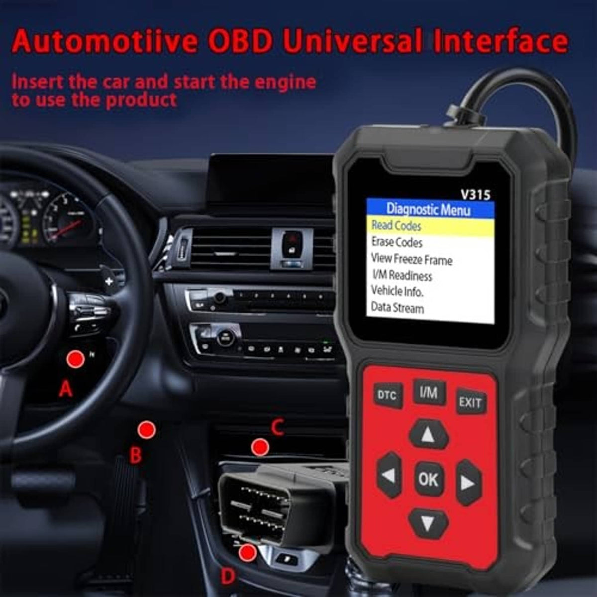 OBD2 automotive diagnostic tool with Diagnostic Menu display and 16-pin style connector