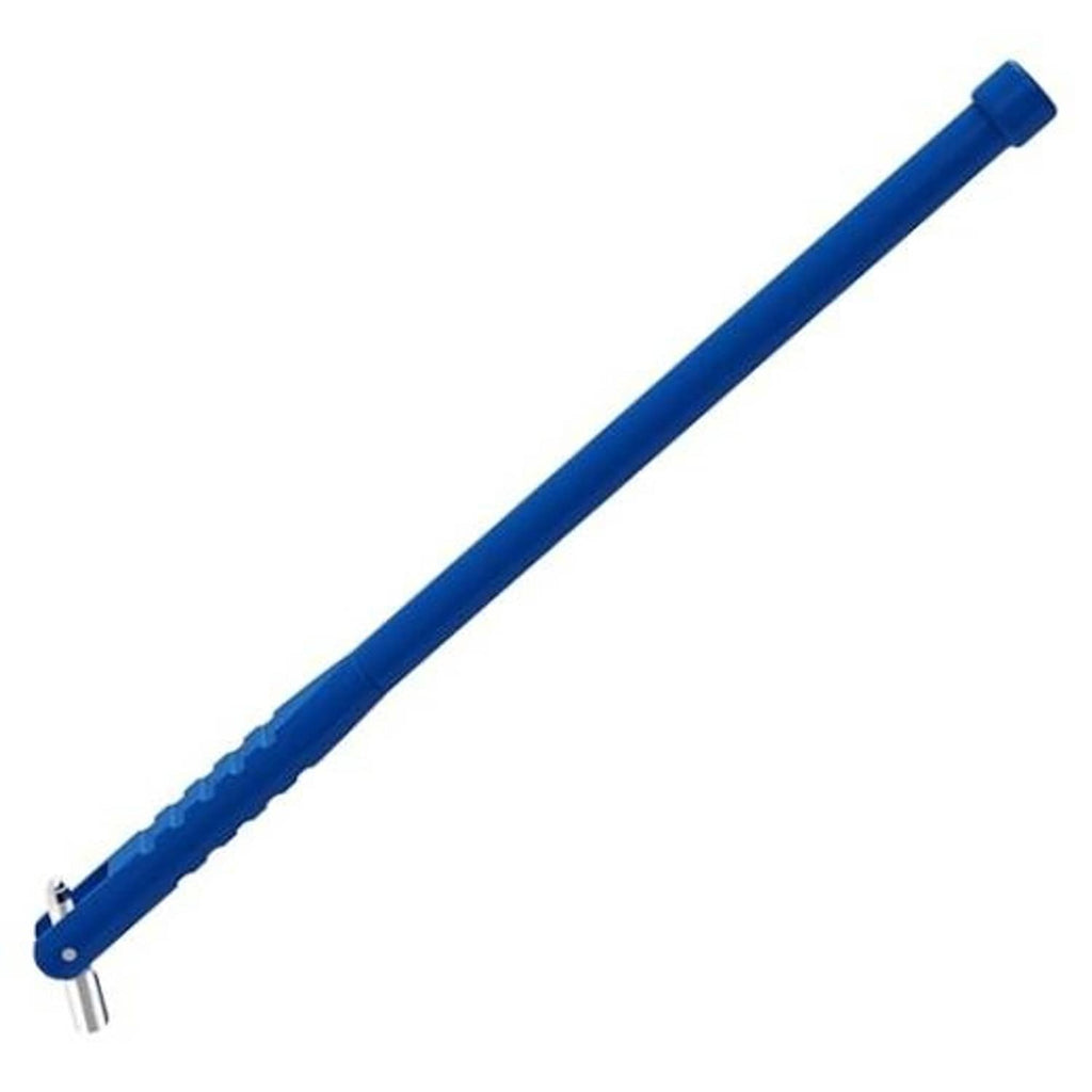 Blue tire valve stem tool with metal core remover tip and angled puller head