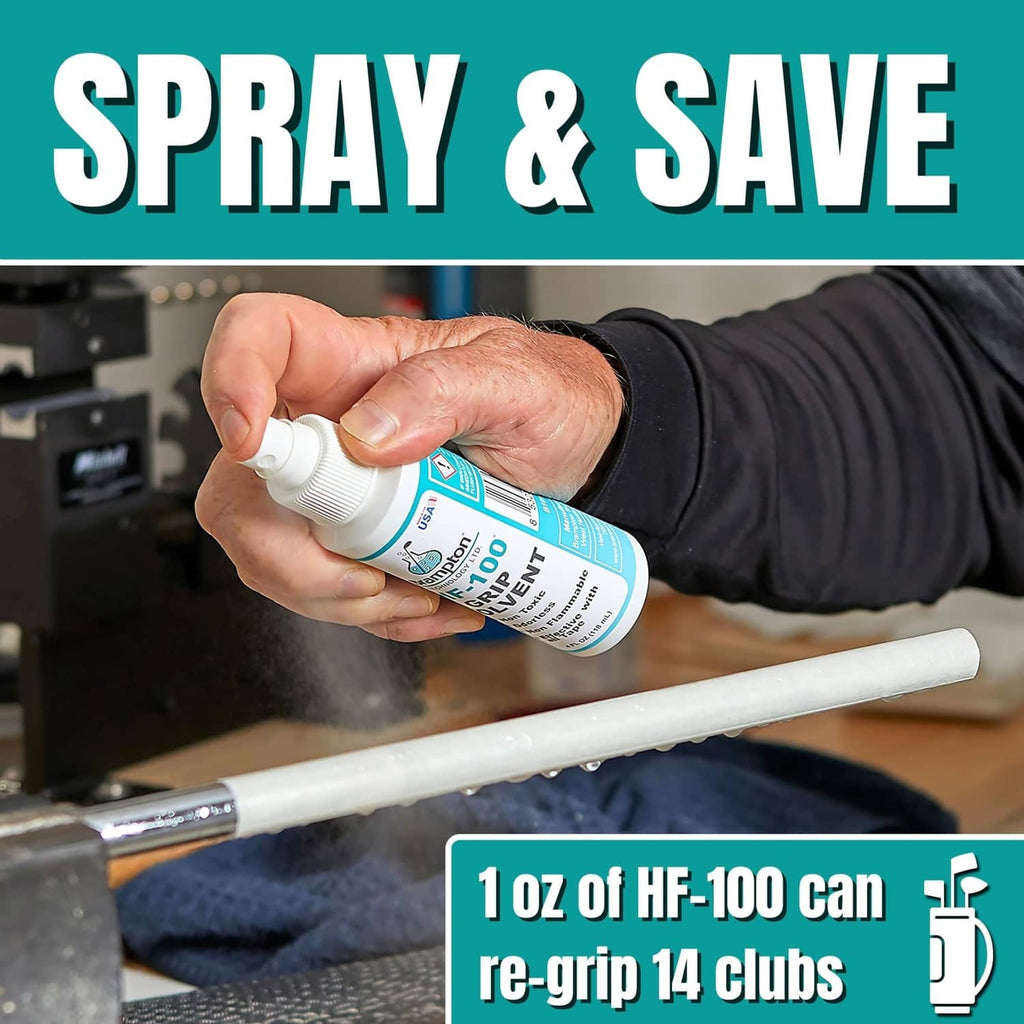 Spray bottle of Brampton HF-100 grip solvent applying to a golf club grip