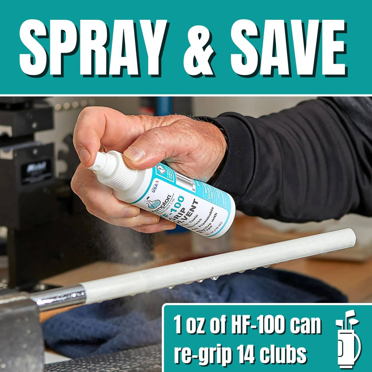 Spray bottle of Brampton HF-100 grip solvent applying to a golf club grip