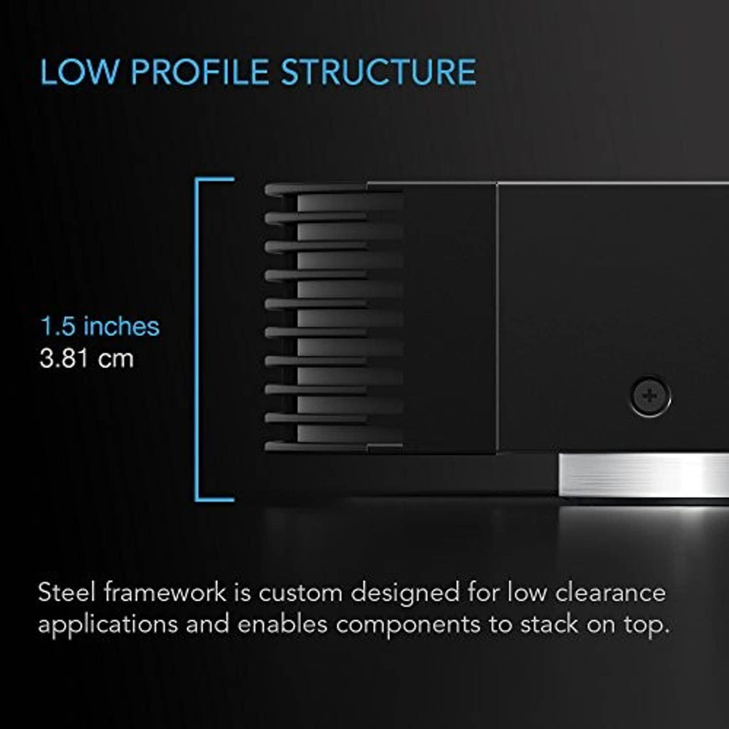 Low-profile black cooling fan with vented intake grille and compact side height