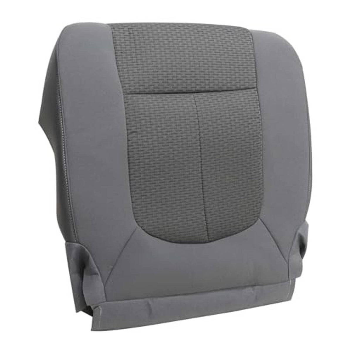Gray cloth front driver seat cover, textured insert and curved backrest seams