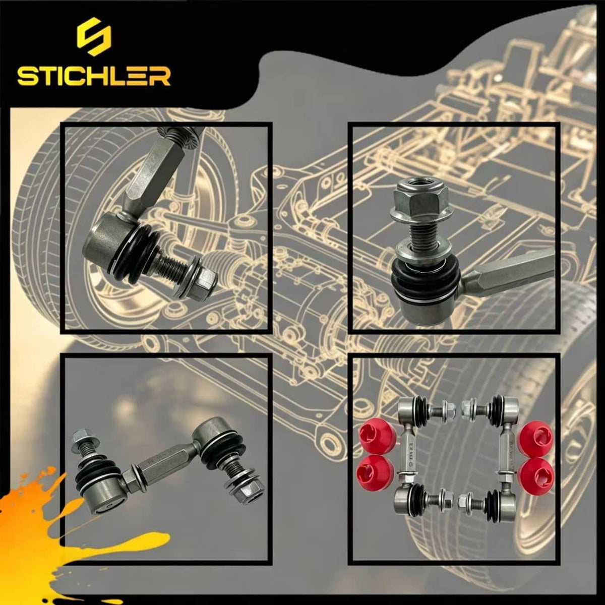 Sway bar end link hardware detail set with red bushings and silver ball joints
