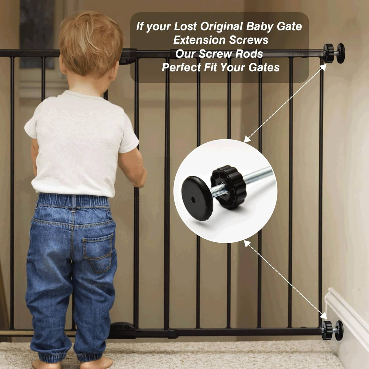 Black spindle rod and end cap attachment for baby gate replacement
