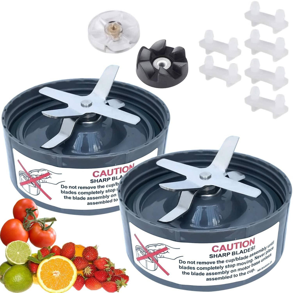 Two black blender blade assemblies with four-blade cross and central metal hub