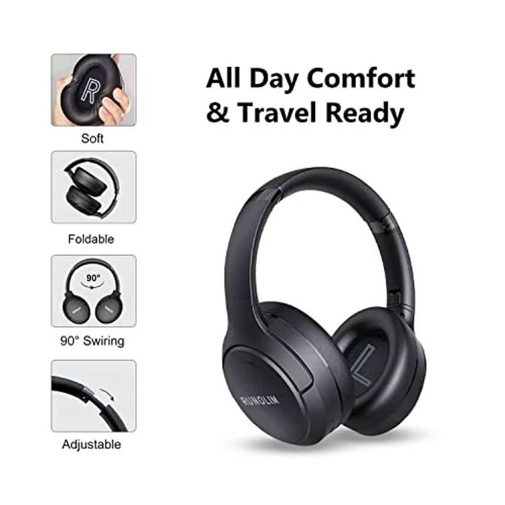 Black foldable over-ear headphones with adjustable headband and cushioned earcups