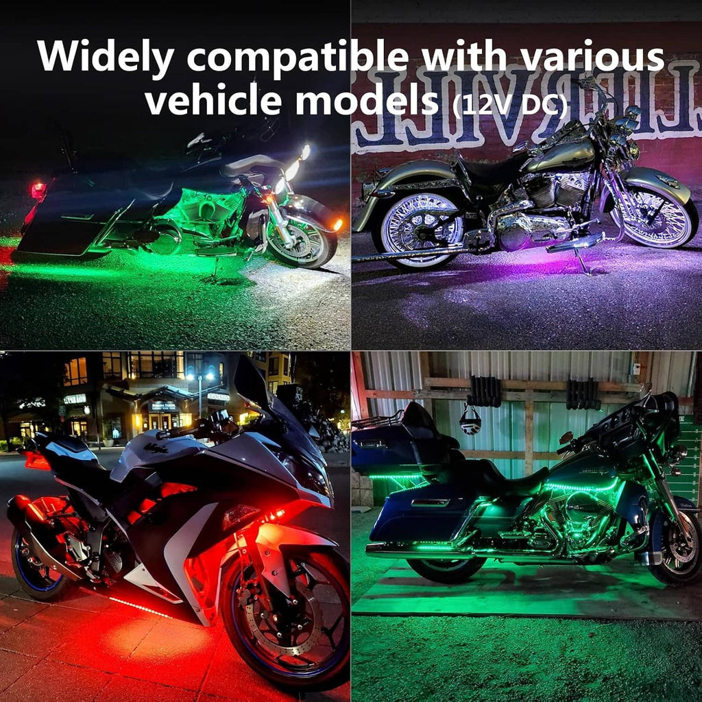 Motorcycle LED light strips illuminating front and side areas in green and purple light