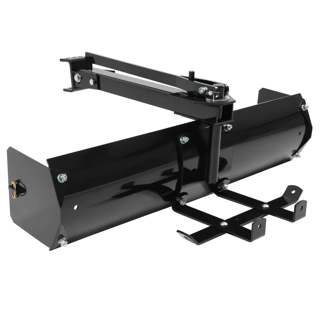 Black steel box scraper blade attachment with angled blade housing and hitch mount tabs