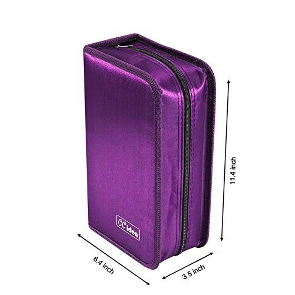 Purple CD/DVD binder case with side zipper and size labels: 11.4 x 6.4 x 3.5 in