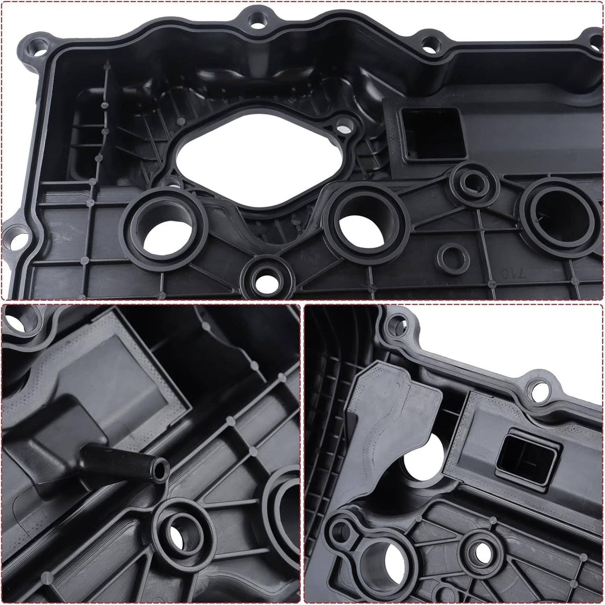 Black engine valve cover interior with circular bosses and gasket sealing surface