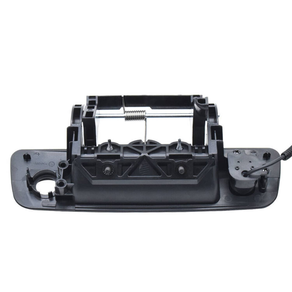 Black tailgate handle backup camera with internal mounting frame and spring
