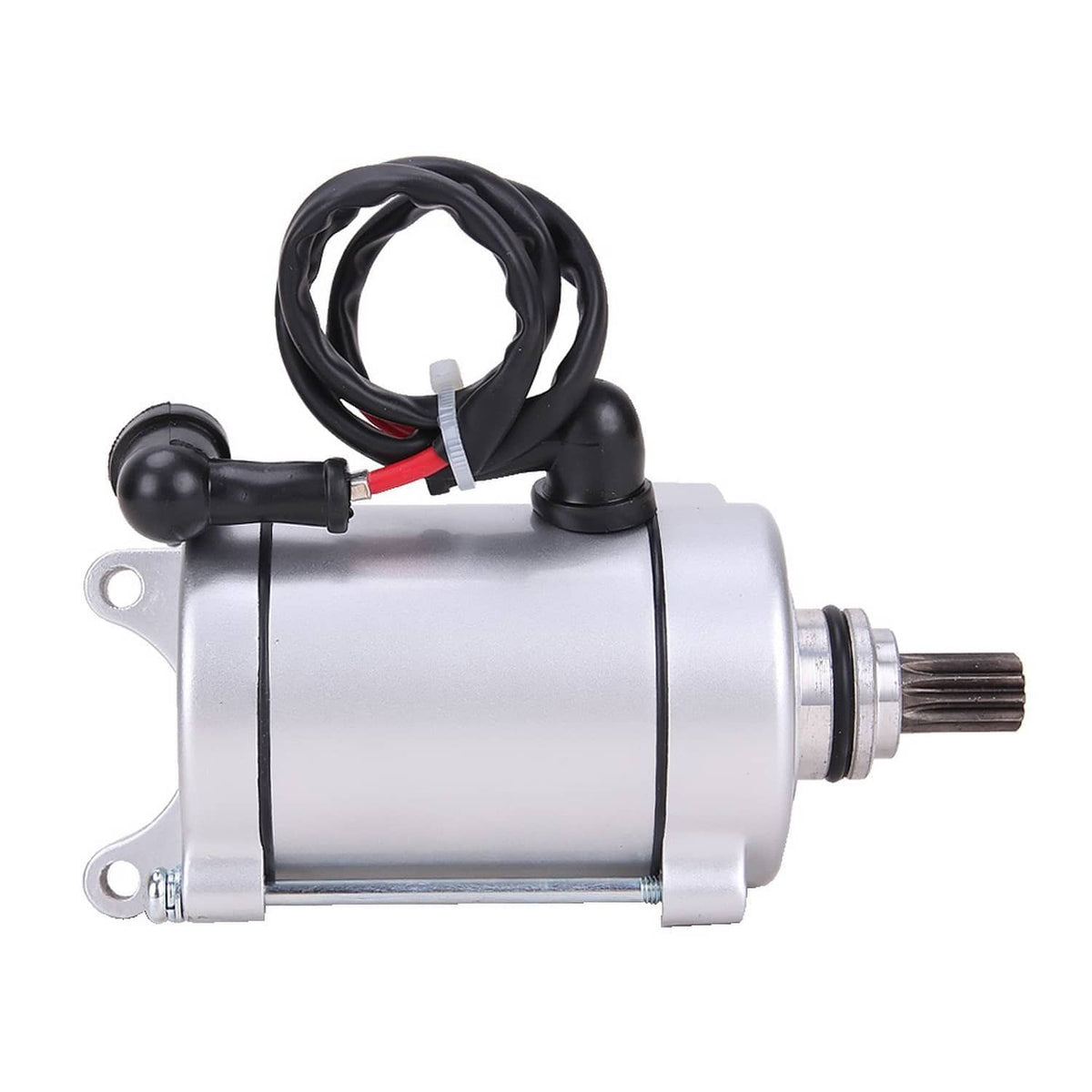 Starter motor with exposed gear shaft, black cable boots, silver housing with mounting tabs
