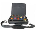 Hard pool ball carrying case, open top with molded slots for billiard balls, dark gray.