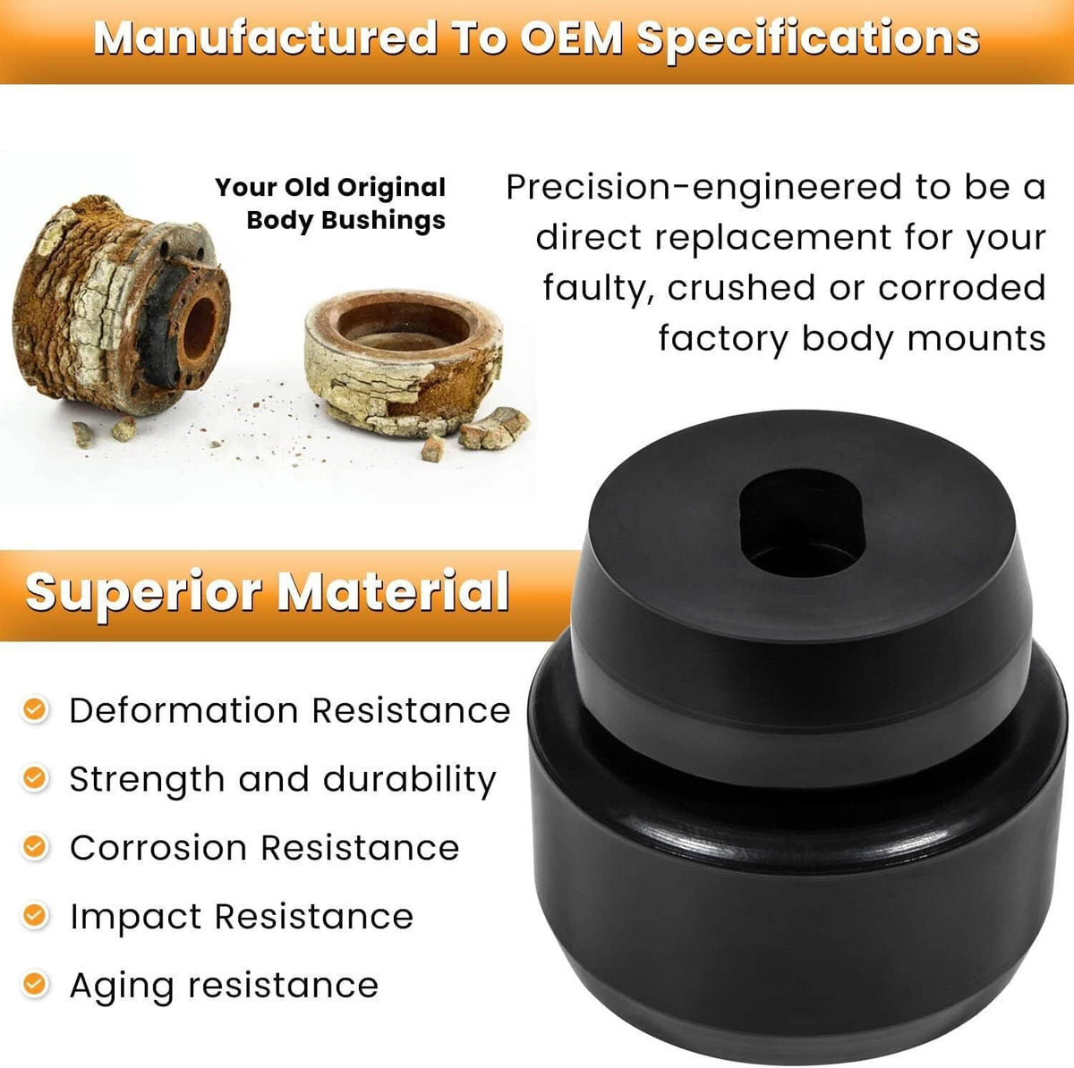 Large black rubber body mount bushing, stacked design with central opening